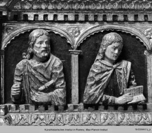 Die Anbetung des Christuskindes mit dem Heiligen Georg, dem Heiligen Antonius Abbas, dem Heiligen Gregor, dem Heiligen Jakob und dem Schmerzensmann : Christus mit den zwölf Aposteln