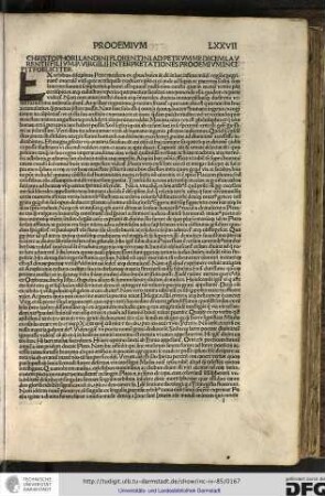 Christophori Landini Florentini ad Petrum Medicem Laurentii Filium Publii Virgilii interpretationes prooemium incipit foeliciter.