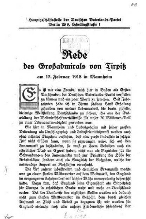 Rede des Großadmirals v. Tirpitz am 17. Febr. 1918 in Mannheim