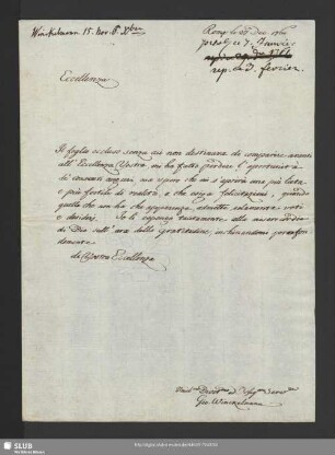 Mscr.Dresd.App.3140,10. - Eigenh. Brief von Johann Joachim Winckelmann an Graf Wackerbarth-Salmour, Rom, 27.12.1760