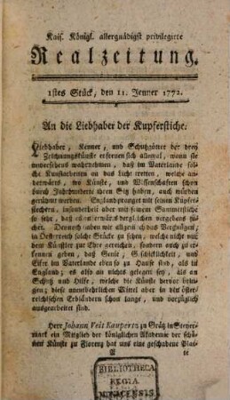 K.K. allerg. privil. Realzeitung der Wissenschaften und Künste. 1772