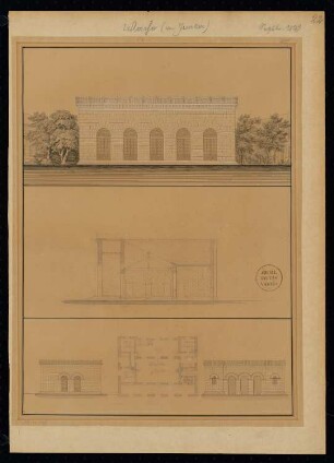 Wache Monatskonkurrenz September 1829: Grundriss Erdgeschoss, Aufriss Vorderansicht, Rückansicht, Seitenansicht, Längsschnitt; Maßstabsleiste