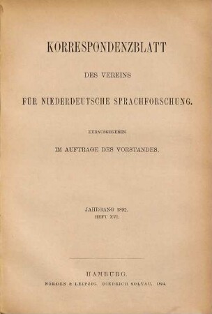 Korrespondenzblatt des Vereins für Niederdeutsche Sprachforschung. 16. 1892