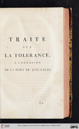 Traite sur la tolerance a l'occasion de la mort de Jean Calas