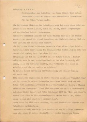 [W205]: Stellungnahme zum Gutachten von Klaus Günzel über meinen Erzählband "Schatten dieser Erde. Romantische Lebensläufe" für den Union Verlag Berlin
