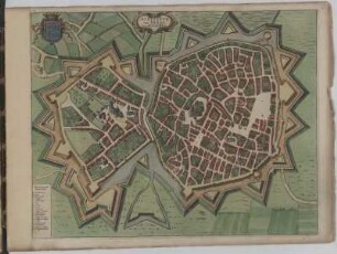 Arras (niederländisch und deutsch Atrecht), kolorierter Kupferstich, 1582 : Atrebatun = Gallis Arras = Belgis Atrecht dicta. - [Ca. 1:4 000] / [Stecher: Franz Hogenberg, Hrsg.: Braun u. Hogenberg]. - [Coloniae Agrippiniae], [1582]. - 1 Kunstblatt : Kupferst. ; mehrfarb. ; 45,3 x 33,1 cm. - Titel oben Mitte. - Mit 1 Wappen. - Aus: Städtebuch "Civitates Orbis Terrarum"
