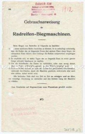 Gebrauchsanweisung für Radreifen-Biegmaschinen.