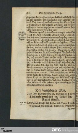 Der dreyzehende Satz. Von der Gemeinschafft, Geniessung oder Theilhafftigwerdung des Leibes und Blutes Christi.
