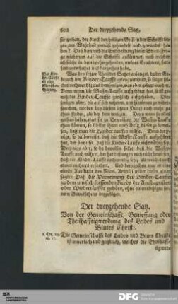 Der dreyzehende Satz. Von der Gemeinschafft, Geniessung oder Theilhafftigwerdung des Leibes und Blutes Christi.