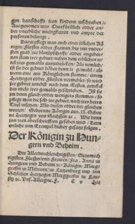 Der Königin zu Hungern und Beheim.