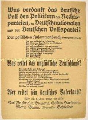 Programmatischer Wahlaufruf der Demokraten gegen die Deutschnationale Volkspartei und die Deutsche Volkspartei.
