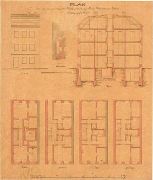 Reiffenstuel, Michael; München; Haus Lohner, Laden - Lageplan, Grundriss Keller, Grundriss EG,Grundriss 1. OG, Grundriss 2. OG, Ansicht, Schnitt