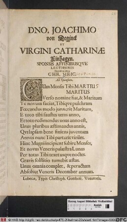 Dno. Joachimo von Deginck Et Virgini Catharinae Finhagen. Sponsis Affinibusque Lectissimis