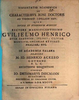 Dissertatio Academica De Characteribvs Boni Doctoris Ad Theocriti Idyllion XXIV.