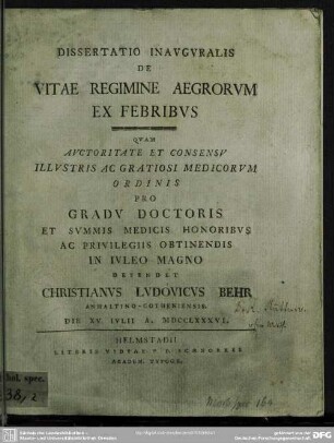 Dissertatio Inauguralis De Vitae Regimine Aegrorum Ex Febribus