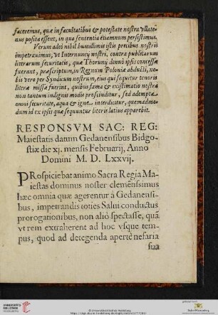 Responsvm Sac: Reg: Maiestatis datum Gedanensibus Bidgostiæ die xj. mensis Februarij, [...]