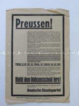 Propagandaflugblatt der Deutschen Staatspartei gegen den Volksentscheid zur Auflösung des Preußischen Landtags