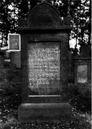 Grabstein 143 (Index: 100111292) Material: Sandstein Zustand: leicht verwittert Maße HxBxT: 167x79x20 cm Beschreibung: Stele, profilierter Sockel, Abdeckplatte mit Spitzbogenaufsatz mit Eckakroteren, rechteckiges Schriftfeld eingetieft Symbolik: Blüte, Blätter: Grabstein 143
