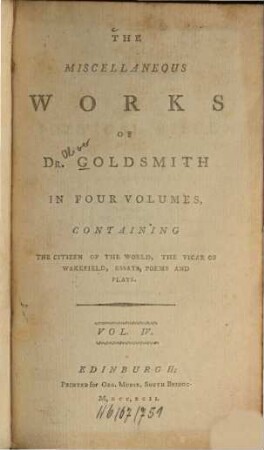 The miscellaneous works, 4. Poetical pieces. - 1792. - X, 253 S.