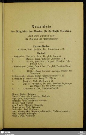 Verzeichnis der Mitglieder des Vereins für Geschichte Dresdens.
