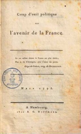 Coup d'oeil politique sur l'avenir de la France : mars 1795