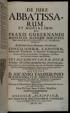 [Tomus 4]: D. Ascanii Tamburinii De Marradio ... De Jure Et Privilegiis Abbatum, Prælatorum, Abbatissarum, Et Monialium. [Tomus 4]