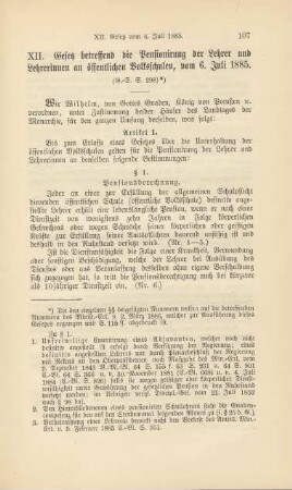 XII. Gesetz betreffend die Pensionierung der Lehrer und Lehrerinnen an öffentlichen Volksschulen, vom 6. Juli 1885