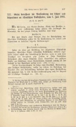XII. Gesetz betreffend die Pensionierung der Lehrer und Lehrerinnen an öffentlichen Volksschulen, vom 6. Juli 1885