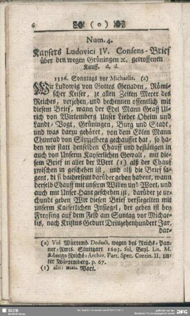 Num. 4. Kaysers Ludovici IV. Consens-Brief über den wegen Grüningen [et] c. getroffenen Kauff
