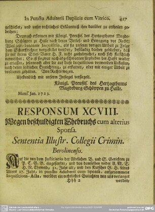 Responsum XCVIII. Wegen beschuldigten Ehebruchs cum alterius Sponsa