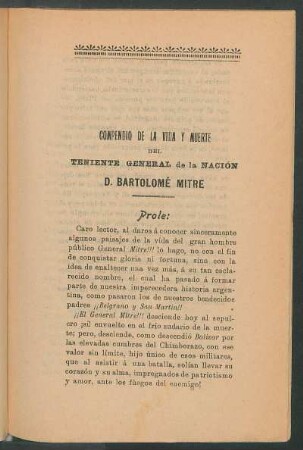 Compendio de la vida y muerte del teniente general de la Nación D. Bartolomé Mitre