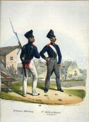 Uniformdarstellung, Pionier der 7. Pionier-Abteilung, Unteroffizier der 7. Atrillerie-Brigade, Preußen 1830. Aus: Elzholz u.a.: Das Preussische Heer. Tafel 60.