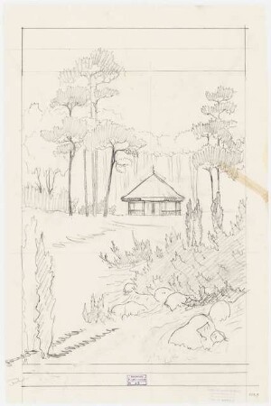 Erweiterungsplanung Volkspark Jungfernheide (Nordostteil), Berlin-Wedding: Perspektivische Ansicht mit Blick auf die Unterstandshalle (Skizze), Stempel