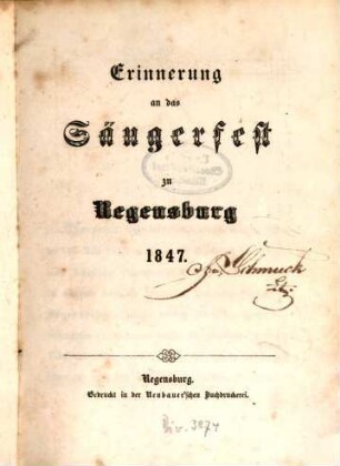 Erinnerung an das Sängerfest zu Regensburg 1847