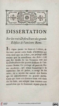 Dissertation sur les vrais destructeurs des grands edifices de l'ancienne Rome