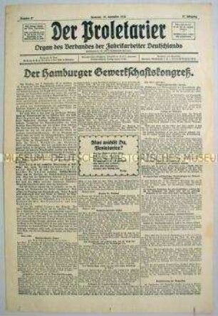 Gewerkschafts-Zeitung "Der Proletarier" u.a. zum 13. Gewerkschaftskongress in Hamburg