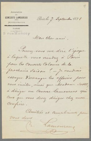 Nachlass von Felix Mottl (1856-1911) – BSB Ana 452, Lamoureux, Charles. Felix Mottl (1856-1911) Nachlass: Briefe von Charles Lamoureux an Felix Mottl - BSB Ana 452.B. Lamoureux, Charles