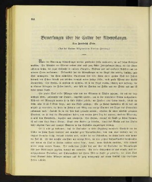 Bemerkungen über die Cultur der Alpenpflanzen.