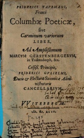 Friderici Taubmani, Franci Columbae Poeticae, sive Carminum variorum Liber