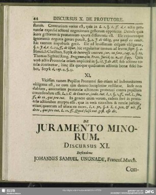 De Iuramento Minorum, Discursus XI. Defendens Johannes Samuel Ungnade, Francof. March.