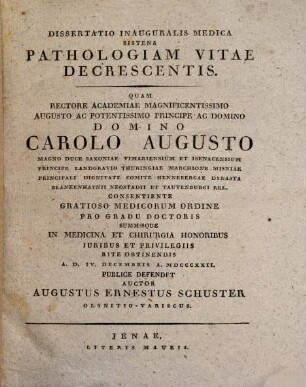 Diss. inaug. med. sistens pathologiam vitae decrescentis : cum tab. lith.
