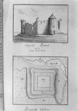 Grundriss und Ansicht der Nordwestseite des Schlosses Ermes