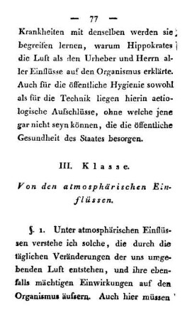 III. Klasse. Von den atmosphärischen Einflüssen.