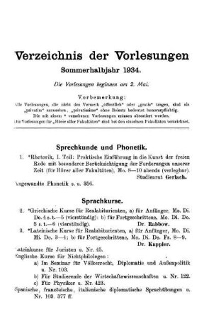 Verzeichnis der Vorlesungen Sommerhalbjahr 1934.