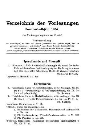 Verzeichnis der Vorlesungen Sommerhalbjahr 1934.