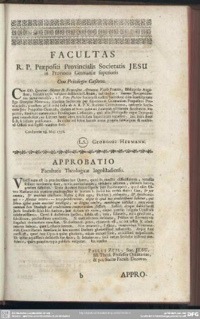 Approbatio Facultatis Theologicae Ingolstadiensis