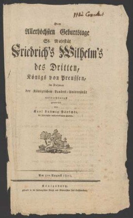Originalumschlag: Gedicht zum Geburtstag König Friedrich Wilhelms III. am 3.8.1801, Königsberg 1801 (Druck)