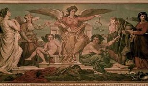 Die Poetische Gerechtigkeit, gerahmt von Komos und Furie sowie einer Anzahl von Gestalten aus Drama und Oper