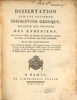 Dissertation sur une ancienne Inscription Grecque relative aux finances des Athénièns