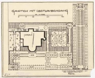 Hausgarten Dr. Juliusburger, Berlin-Charlottenburg: Garten mit Obstlaubengang im Grundriss 1:200, Maßstabsleiste